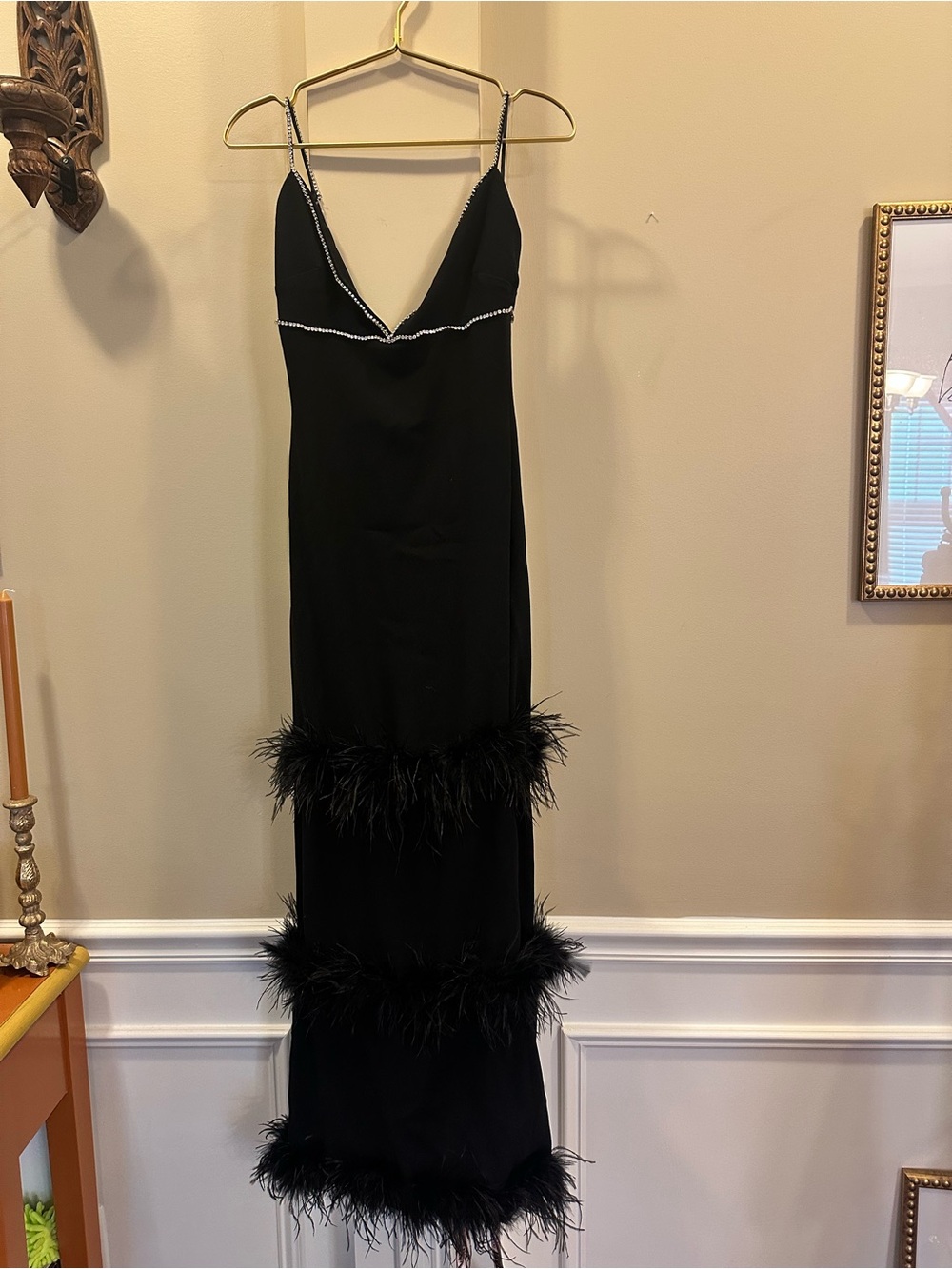 House of CB Black Feather-Trim Maxi Dress with Rhinestone Straps